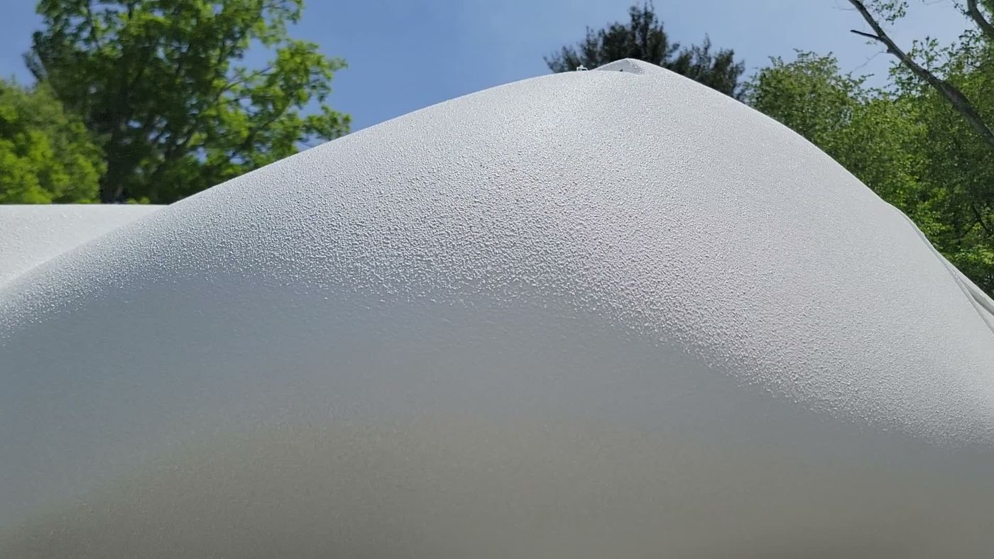 The white coated roof surface, with trees behind.