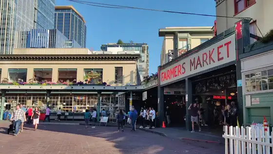 The Pike Place Farmers Market sign and the Post Alley sign in Seattle