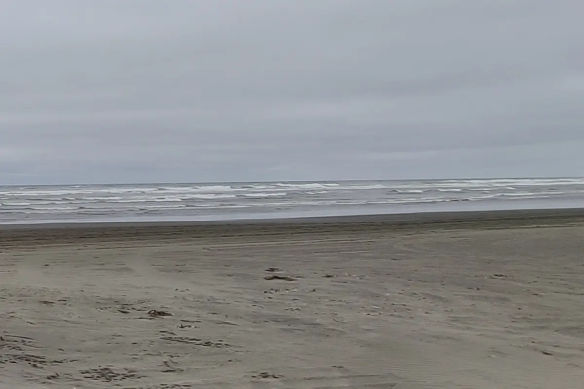Gray surf rolling onto the wide, flat sand beach at Ocean Shores