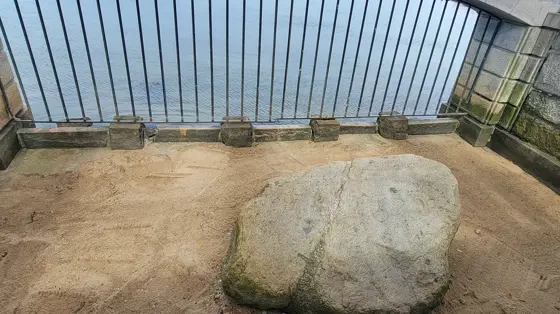 Plymouth Rock beneath its granite canopy and the Mayflower II moored in Plymouth Harbor