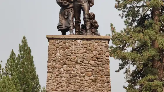 The Pioneer Monument at Donner Memorial State Park, a bronze family group on a stone pedestal