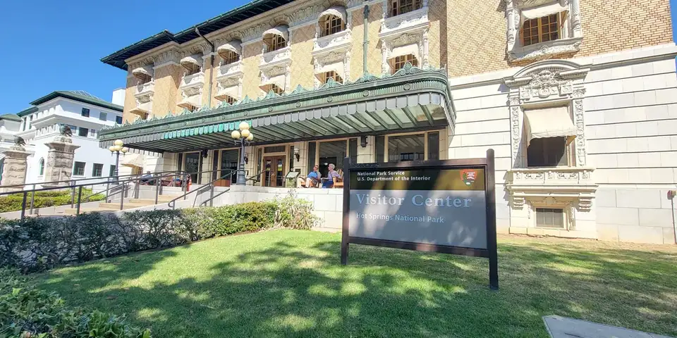 A Bathhouse Row building and its sign in Hot Springs National Park