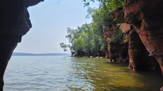 Red sandstone sea caves and the clear water of Lake Superior at the Apostle Islands