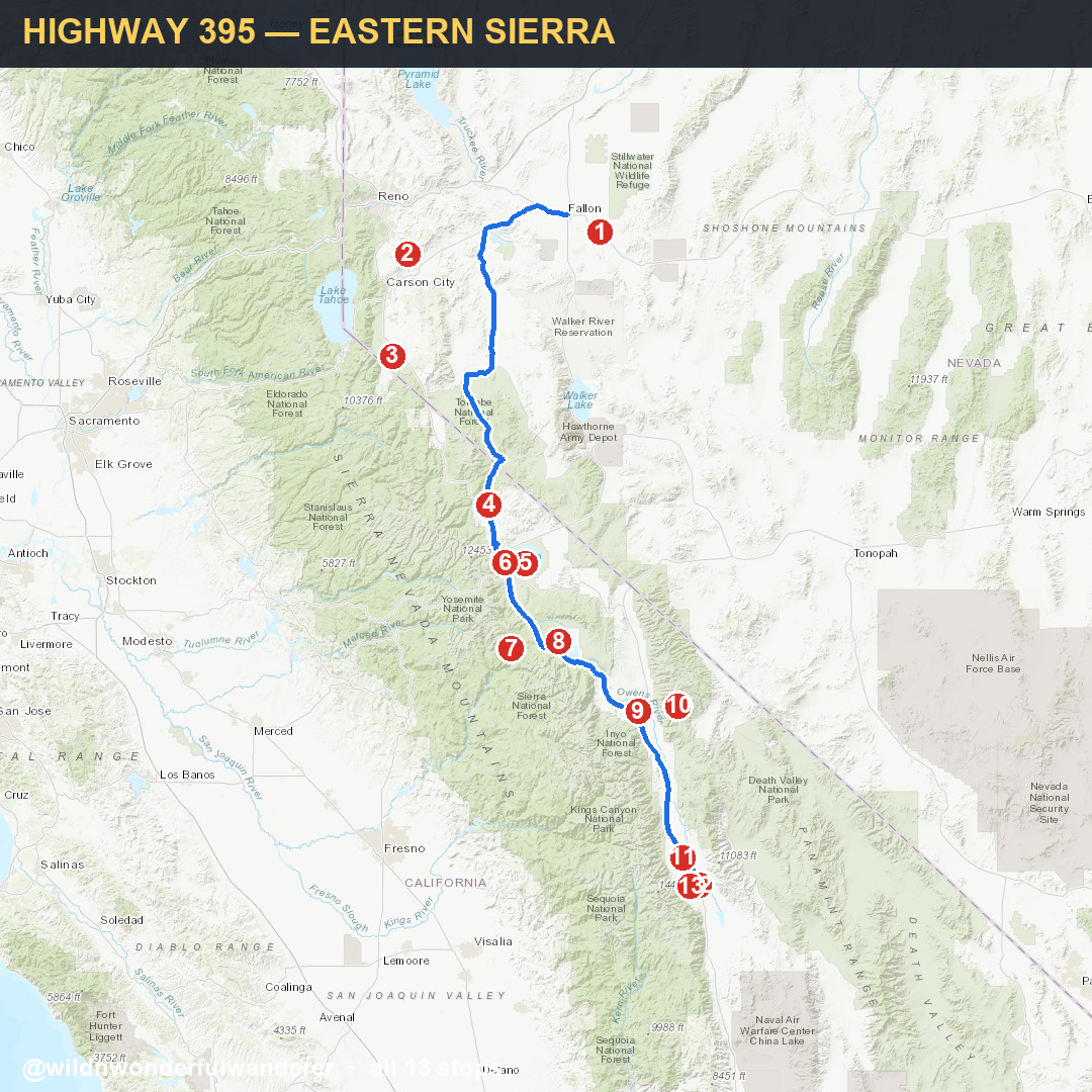 Hand-drawn route map of Highway 395 through the Eastern Sierra, showing stops and free-camp markers