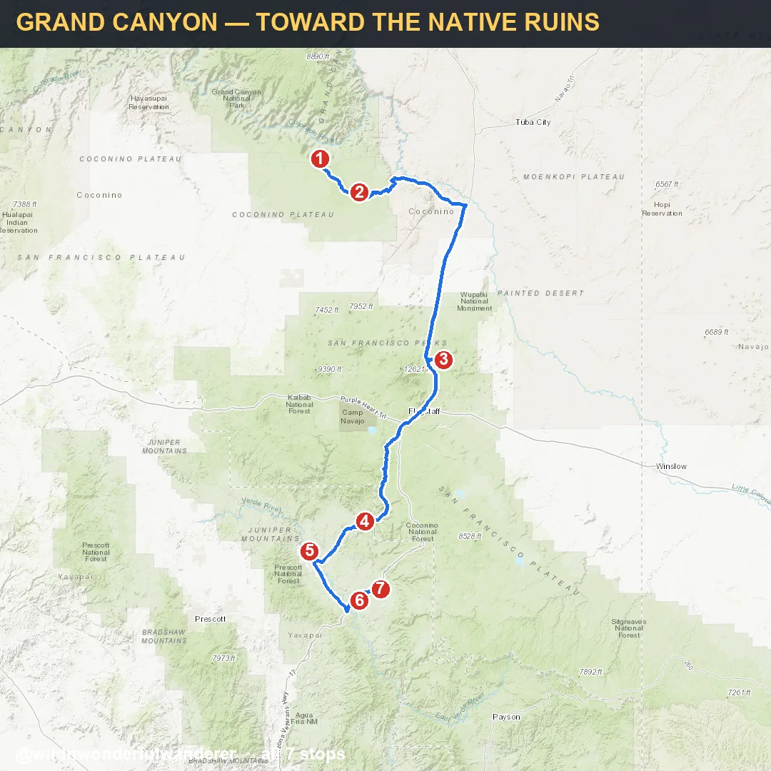 Map thumbnail for Grand Canyon to Native Ruins Arizona route