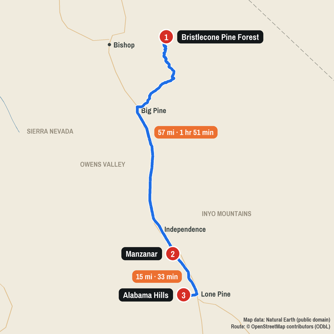 Route map: Bristlecone Pine Forest to Manzanar to Alabama Hills, 72 miles