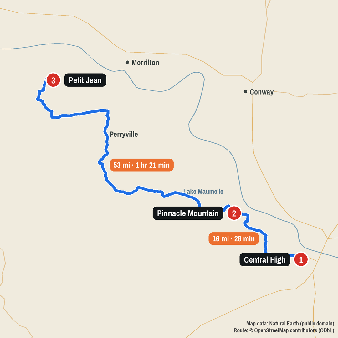 Route map: Central High to Pinnacle Mountain to Petit Jean, 68 miles
