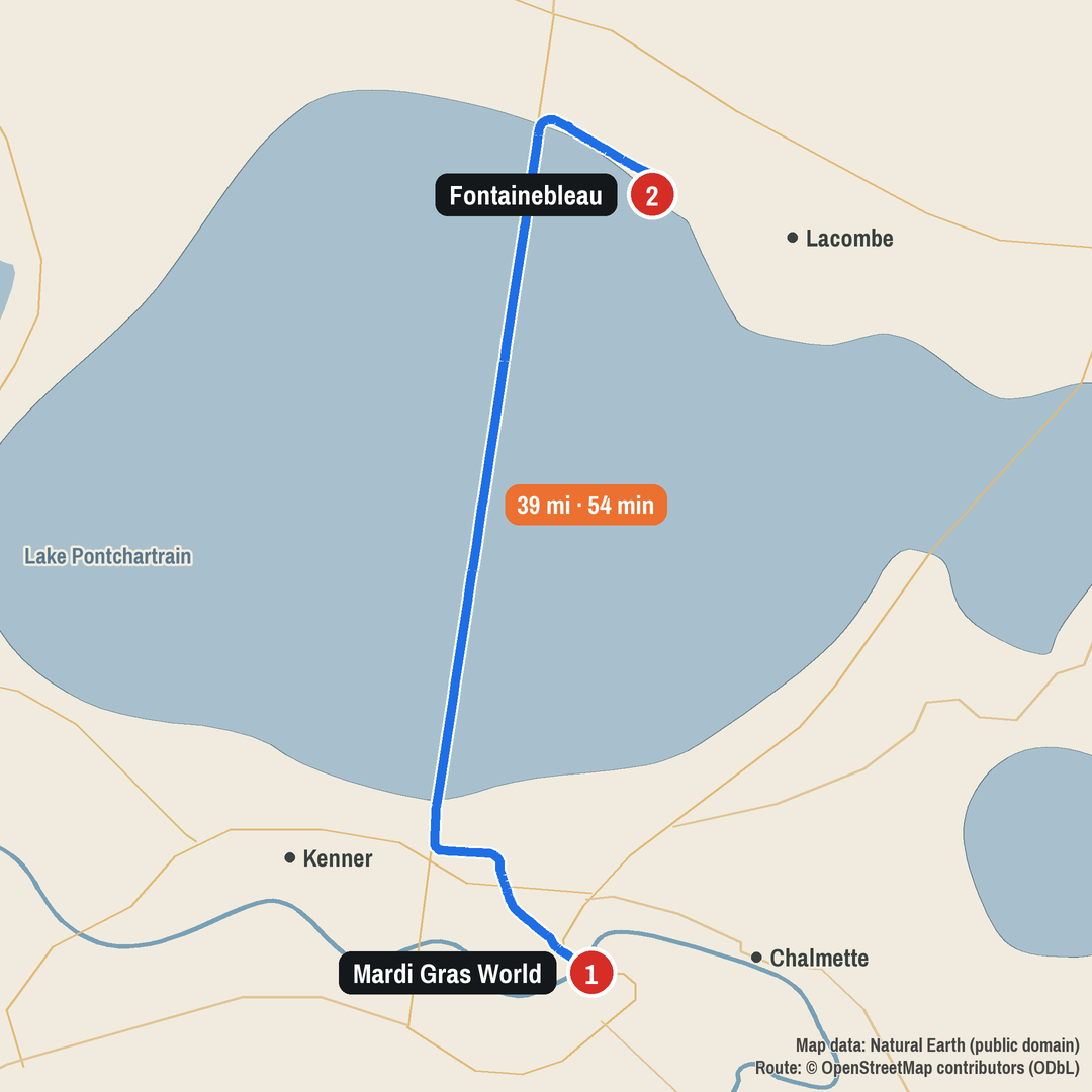 Route map: Mardi Gras World to Fontainebleau, 39 miles