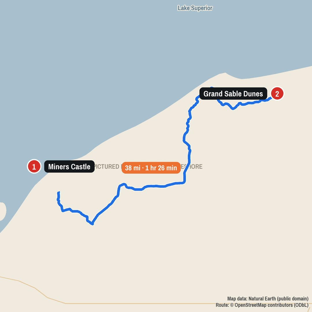 Route map: Miners Castle to Grand Sable Dunes, 38 miles