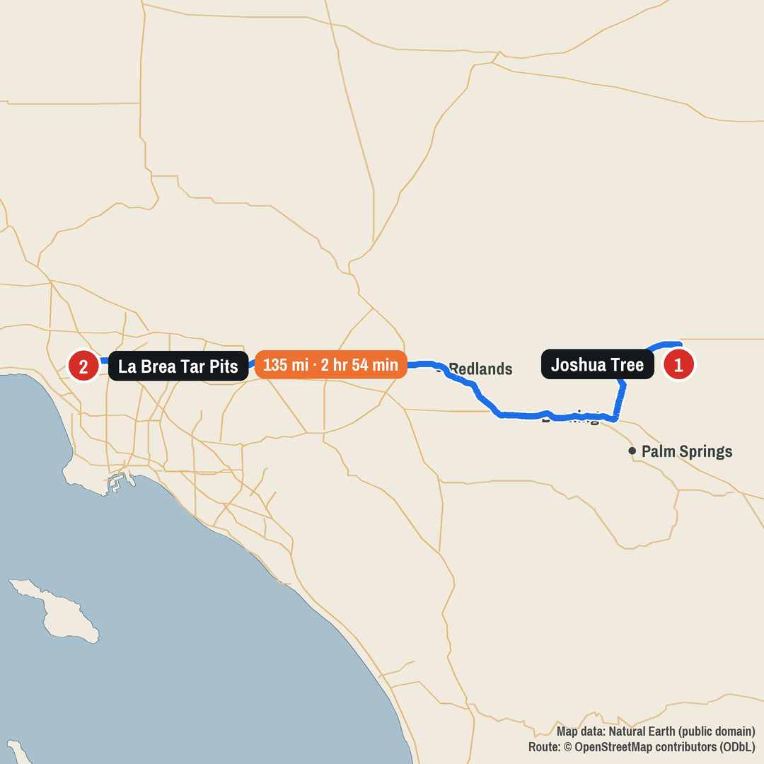 Route map: Joshua Tree to La Brea Tar Pits, 135 miles