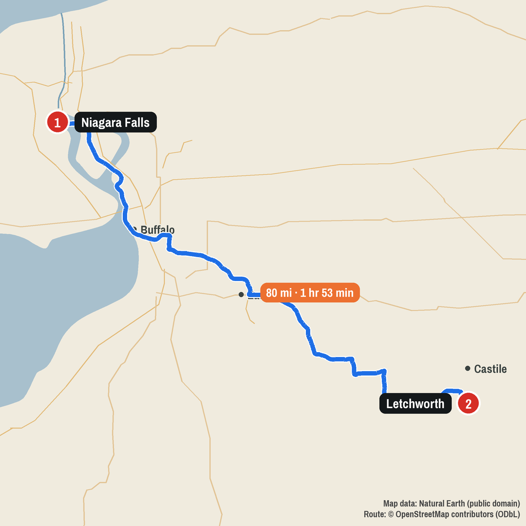 Route map: Niagara Falls to Letchworth, 80 miles