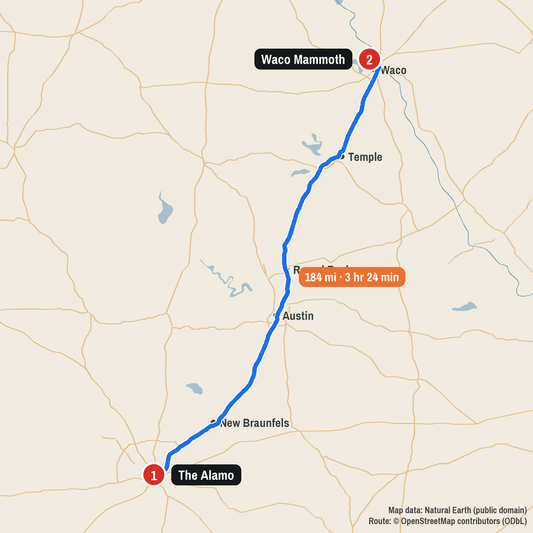 Route map: The Alamo to Waco Mammoth, 184 miles