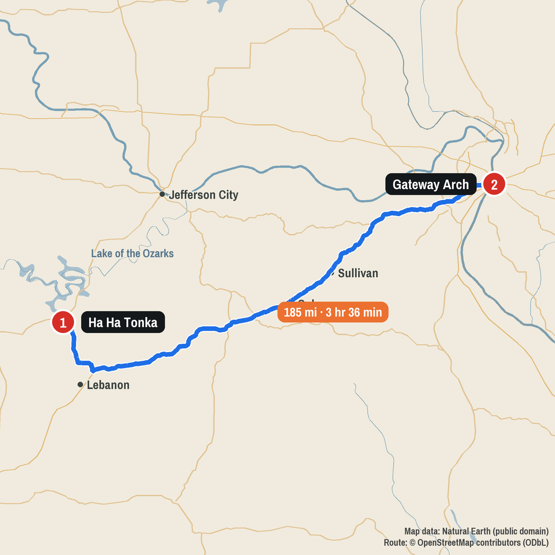 Route map: Ha Ha Tonka to Gateway Arch, 185 miles
