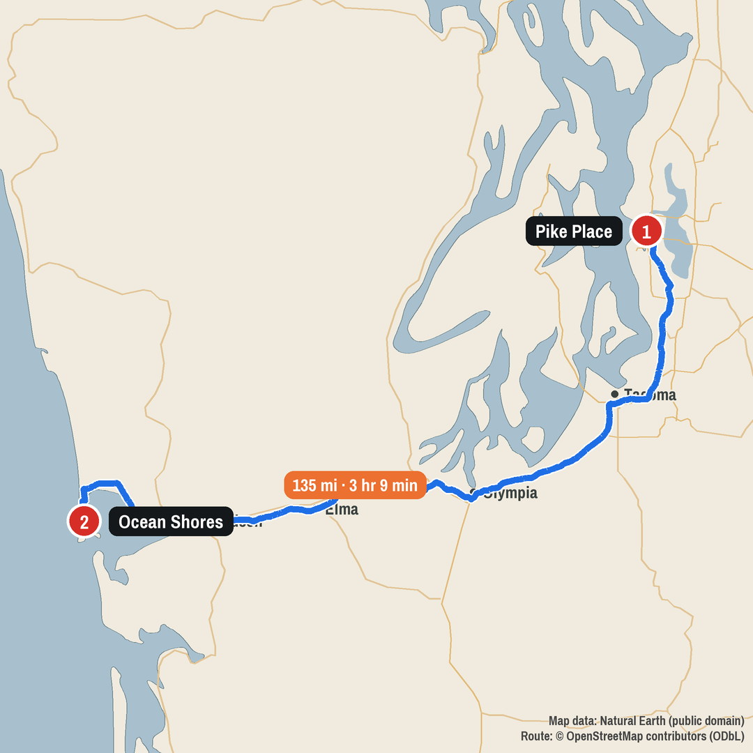 Route map: Pike Place to Ocean Shores, 135 miles