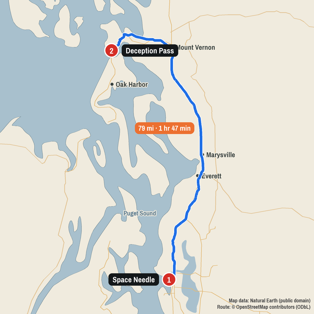 Route map: Space Needle to Deception Pass, 79 miles