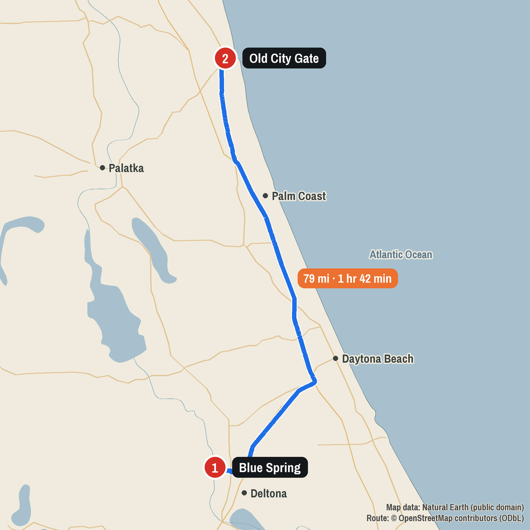 Route map: Blue Spring to Old City Gate, 79 miles