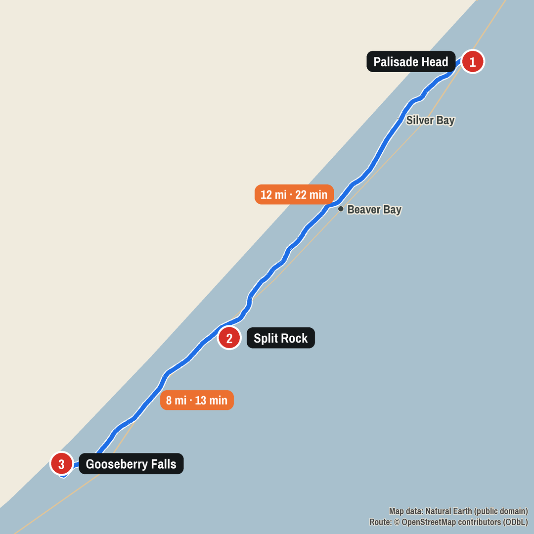 Route map: Palisade Head to Split Rock to Gooseberry Falls, 19 miles
