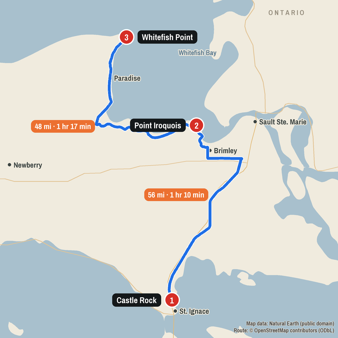Route map: Castle Rock to Point Iroquois to Whitefish Point, 104 miles