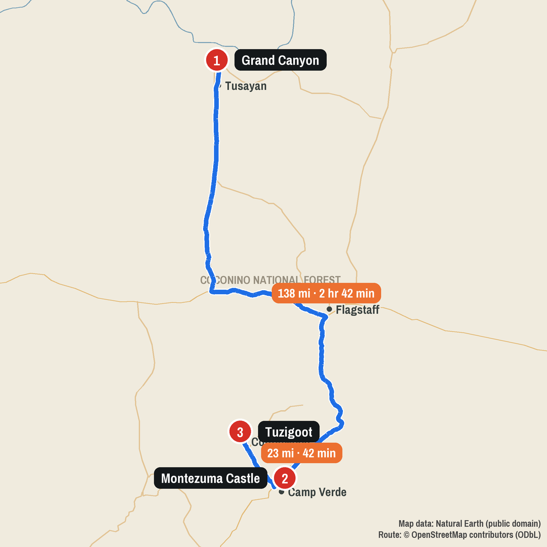Route map: Grand Canyon to Montezuma Castle to Tuzigoot, 161 miles