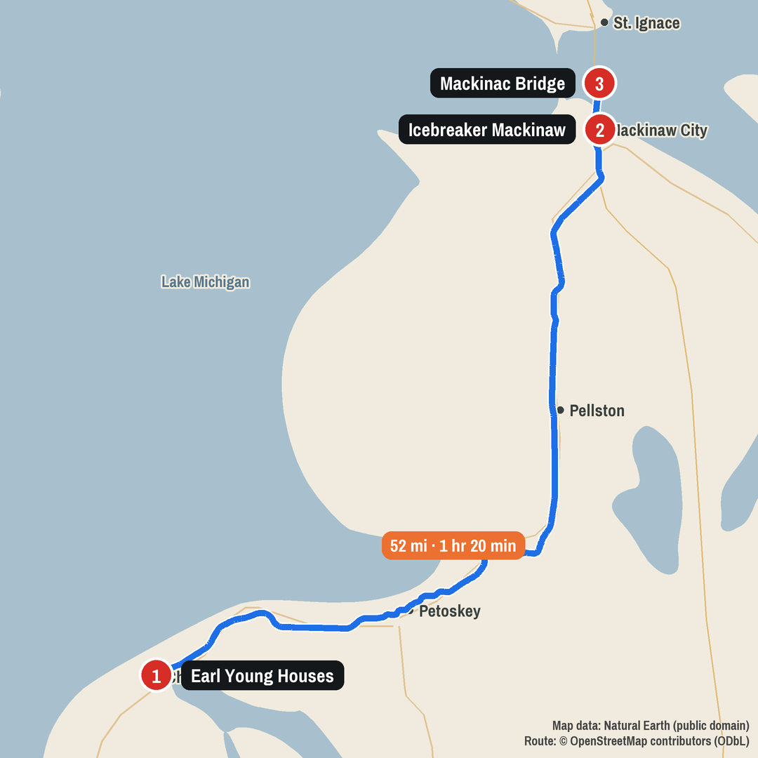 Route map: Earl Young Houses to Icebreaker Mackinaw to Mackinac Bridge, 55 miles
