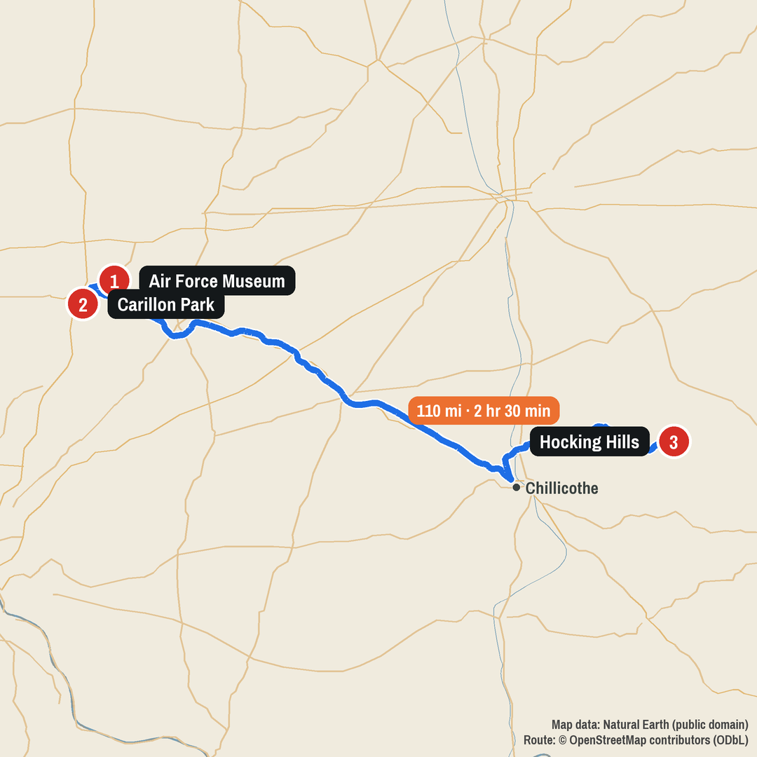 Route map: Air Force Museum to Carillon Park to Hocking Hills, 118 miles