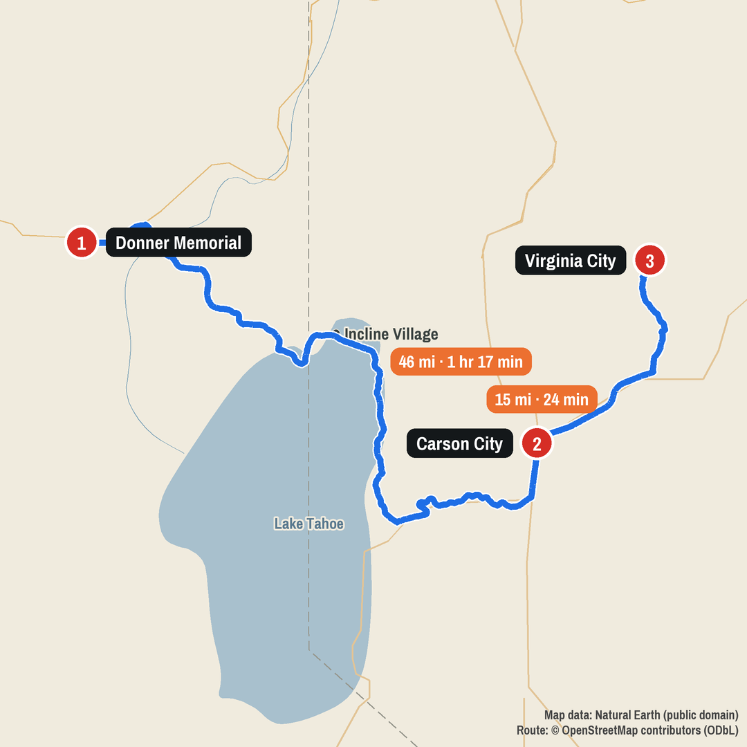Route map: Donner Memorial to Carson City to Virginia City, 61 miles