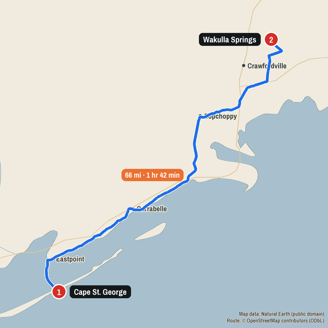 Route map: Cape St. George to Wakulla Springs, 66 miles