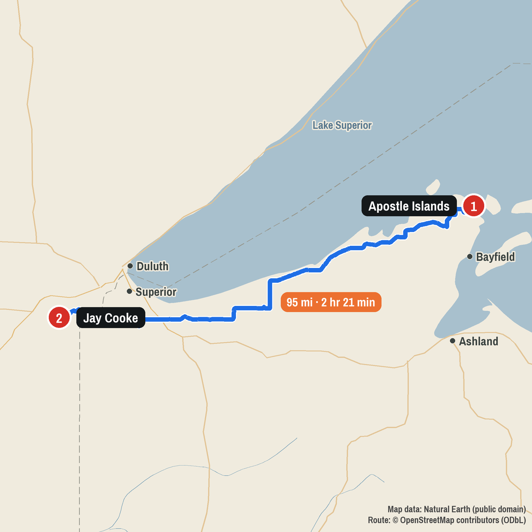Route map: Apostle Islands to Jay Cooke, 95 miles