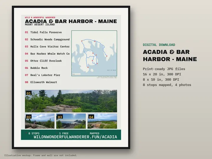 Printable route poster: Acadia & Bar Harbor, Maine, 8 stops mapped