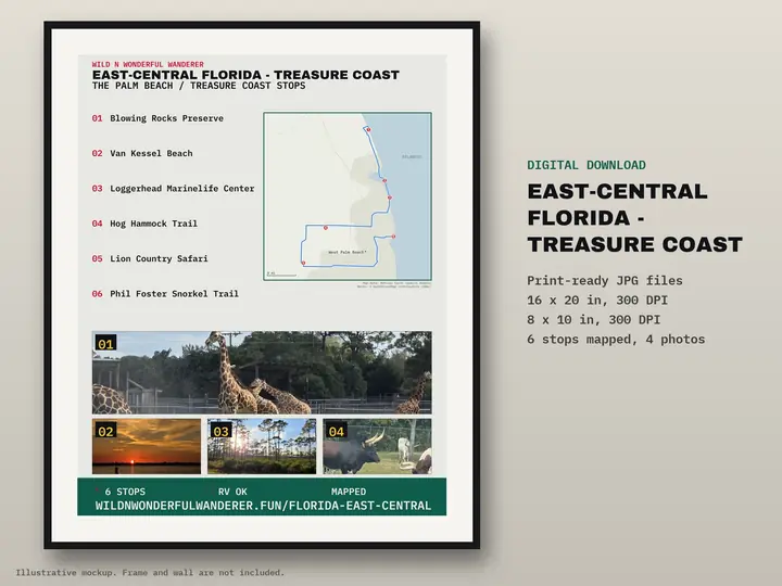 Printable route poster: East-Central Florida — Treasure Coast, 6 stops mapped