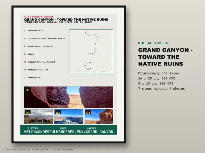 Printable route poster: Grand Canyon — Toward the Native Ruins, 7 stops mapped
