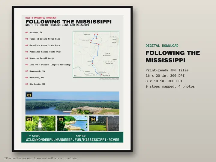 Printable route poster: Following the Mississippi — Iowa & Missouri, 9 stops mapped