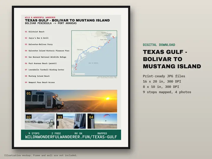 Printable route poster: Texas Gulf — Bolivar to Mustang Island, 9 stops mapped