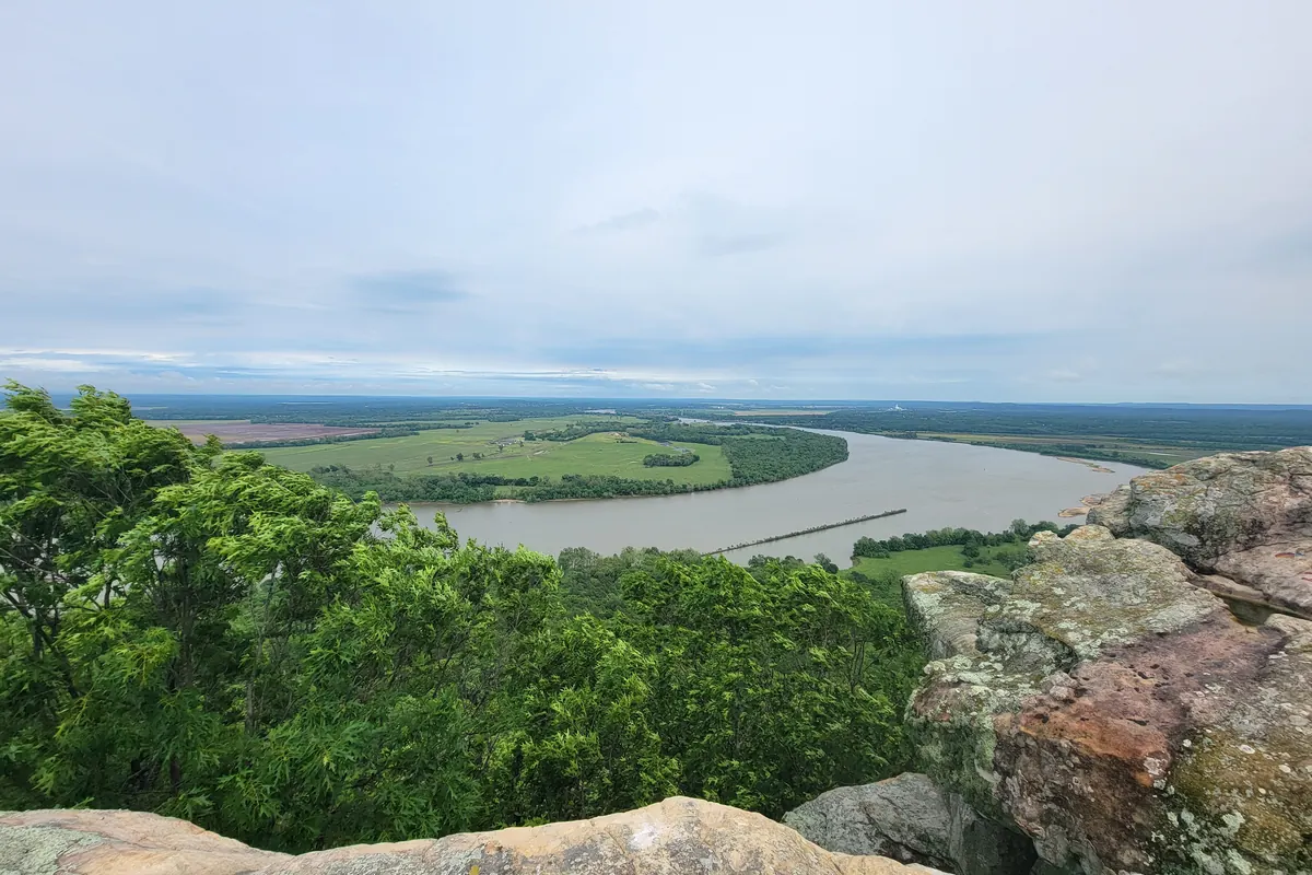 A rocky overlook above a river valley at Petit Jean State Park