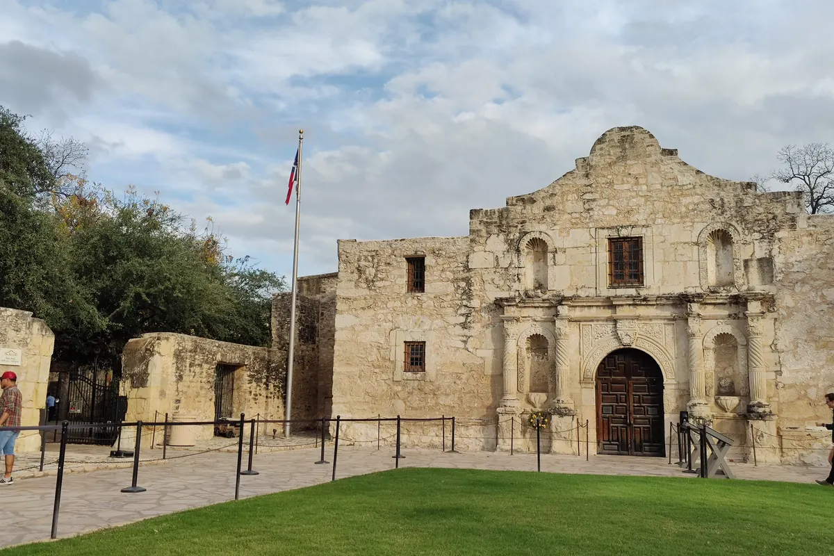 The limestone facade of the Alamo Church in San Antonio