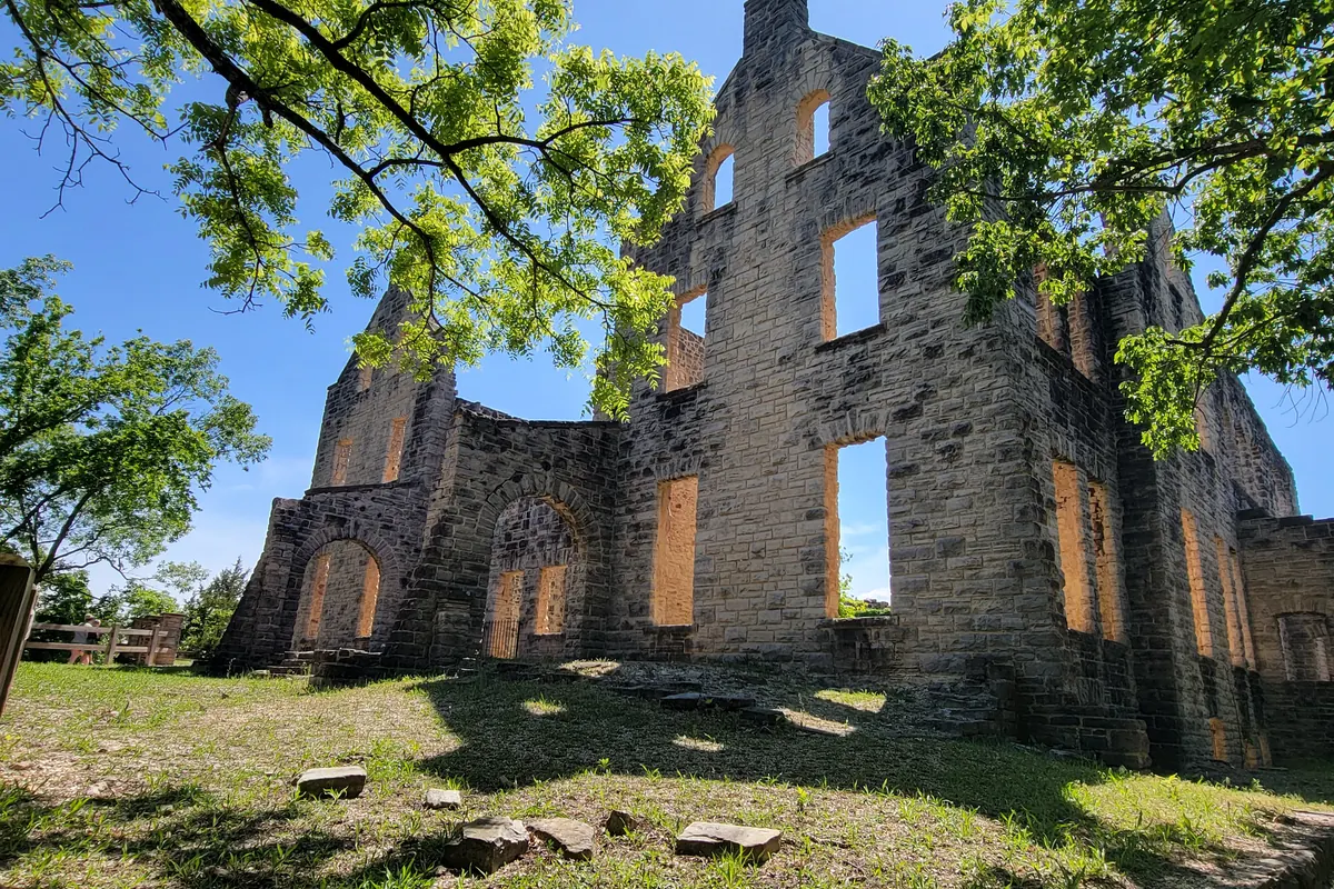 The stone ruins of the castle at Ha Ha Tonka State Park and the view of the Lake of the Ozarks from the overlook