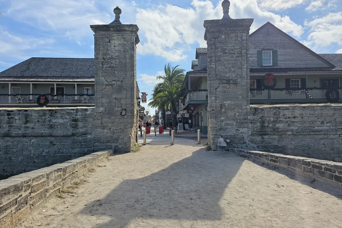 The two coquina stone pillars of the Old City Gate in St. Augustine