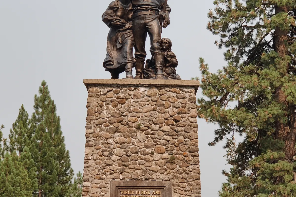 The Pioneer Monument at Donner Memorial State Park, a bronze family group on a stone pedestal