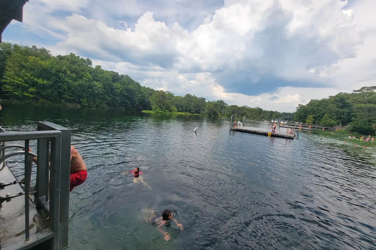 Swimmers in the spring at Wakulla Springs State Park and the park entrance sign