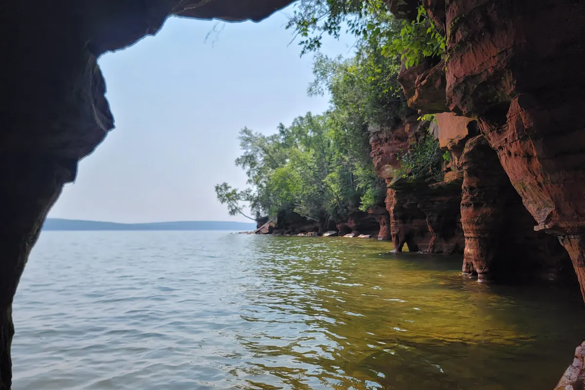Red sandstone sea caves and the clear water of Lake Superior at the Apostle Islands