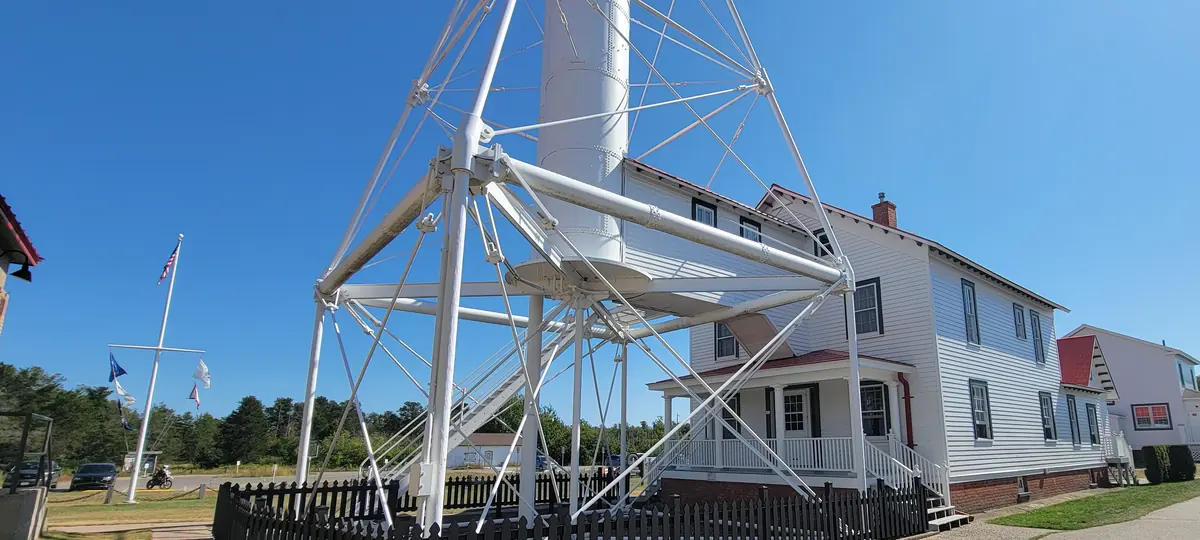 The steel-frame light tower and keeper's quarters at Whitefish Point